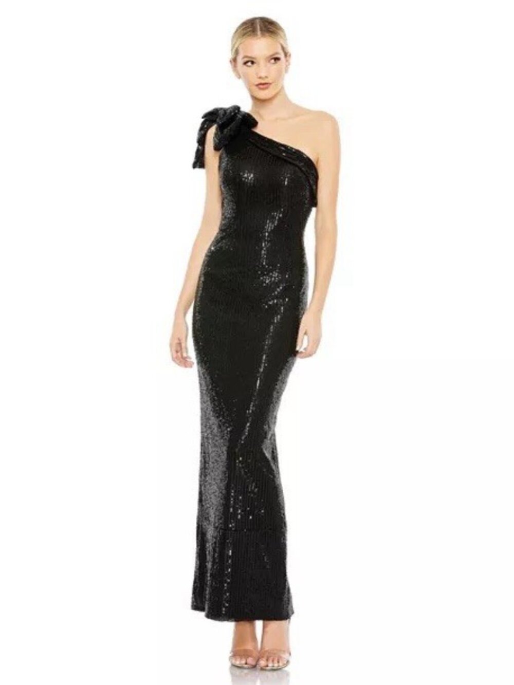 MAC DUGGAL Size 4 Black SEQUINED BOW ONE SHOULDER COLUMN GOWN Dress Prom Formal